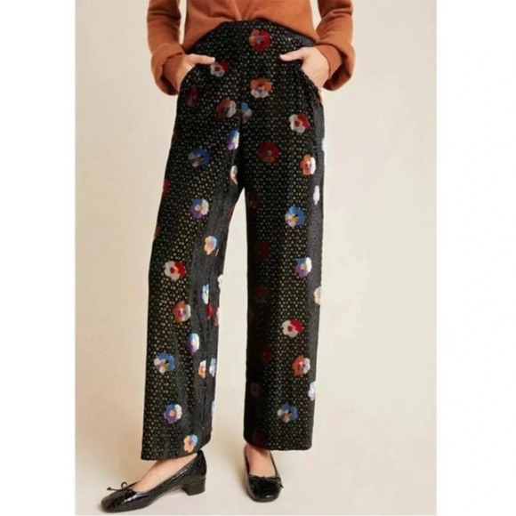 Anthropologie Eva Franco Pasquette Velvet Wide-Leg Pants Floral Print Size 4 - Picture 2 of 11